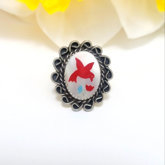 Native American Navajo Sterling Inlay Redbird Ring Size 5.5